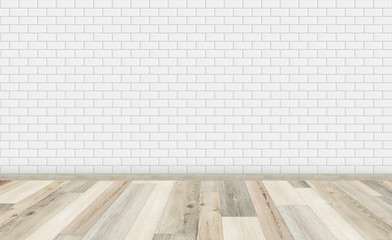 Mockup of empty living room with vintage oak wooden floor and classic white ceramic rectangle metro...