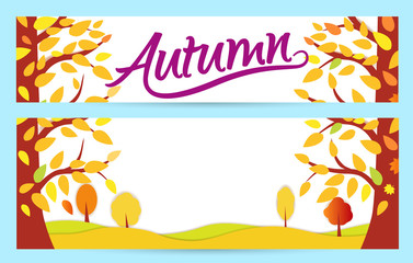 Fototapeta na wymiar Set Bright autumn banners. gold autumn forest. With text - Autumn Sale up to 50 . Vector illustrations for flyers, leaflet, web.