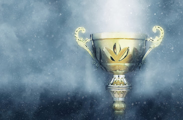 sports concept low key image of gold trophy over dark smoky background