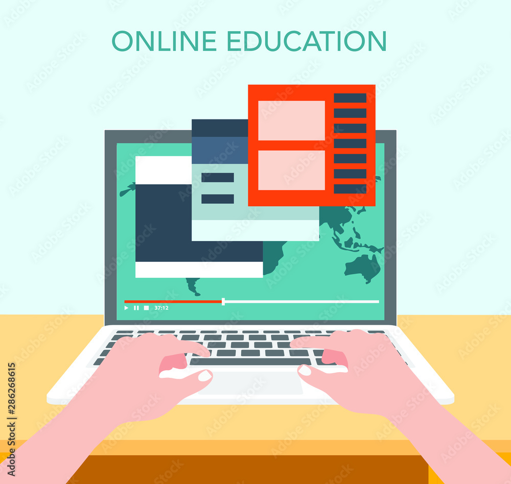 Poster flat design isometric concept of online education for website and mobile website. landing page templ