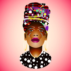 Silhouette of an african woman in a massive headdress. Print in peas. White circles. half face