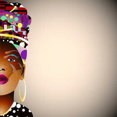 Silhouette of an african woman in a massive headdress. Print in peas. White circles. half face