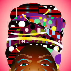 Silhouette of an african woman in a massive headdress. Print in peas. White circles. half face