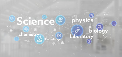Science icons and title on a color background