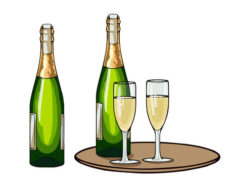 Champagne bottle and glasses, set of cartoon vector illustrations isolated on white background.