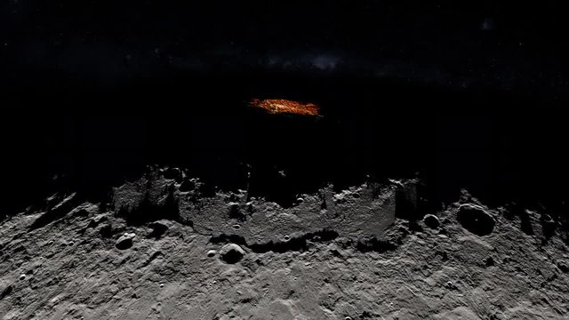 Fictional city night lights on moon rotating sunrise animation miky way stars in background. Contains public domain elements by Nasa