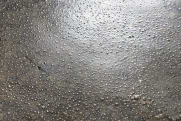 Polluted water with bubbles and white foam on surface