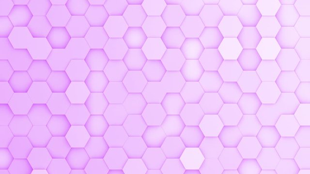 Purple hexagons moving up and down in a random pattern. 3D animated motion background loop. Top down isometric view.