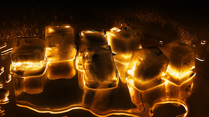 Golden ice cubes on black background closeup, transparent frozen melting ice shiny water drops, glowing yellow light, mirror reflection, abstract cold alcohol drink concept, holiday design, copy space
