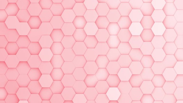 Red hexagons moving up and down in a random pattern. 3D animated motion background loop. Top down isometric view.