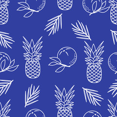 Seamless pattern with pineapples, orange, leaves.