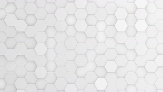 White hexagons moving up and down in a random pattern. 3D animated motion background loop. Top down isometric view.