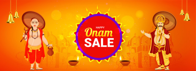 Happy Onam Sale header or banner design, illustration of King Mahabali with Vamana Avatar on orange Temple background decorated with worship bell and oil lamp (Diya).