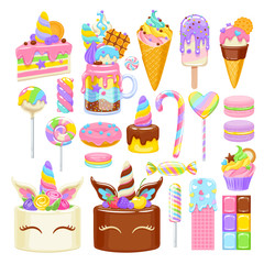 Unicorn rainbow sweets set. Assorted candies, cookies and cakes.