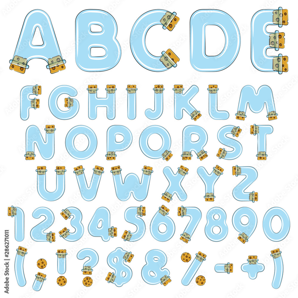 Poster alphabet, letters, numbers and symbols from vials, tubes with corks. set of vector colored isolated 