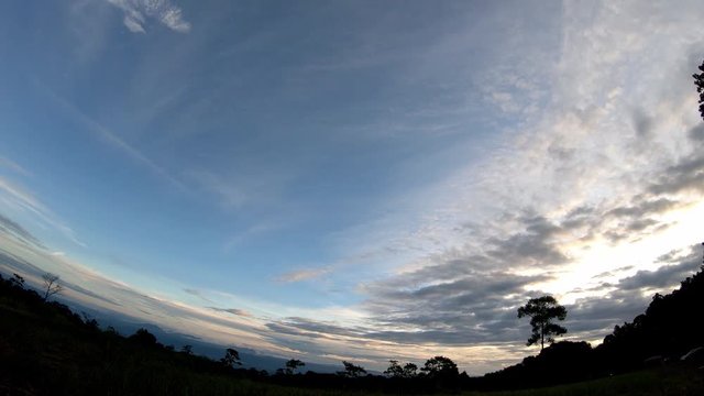 Time lapse motion The reflection of the Sun and the clouds move fast on the sky Background mountain at Phu Hin Rong Kla National Park in phetchaburi , Thailand.