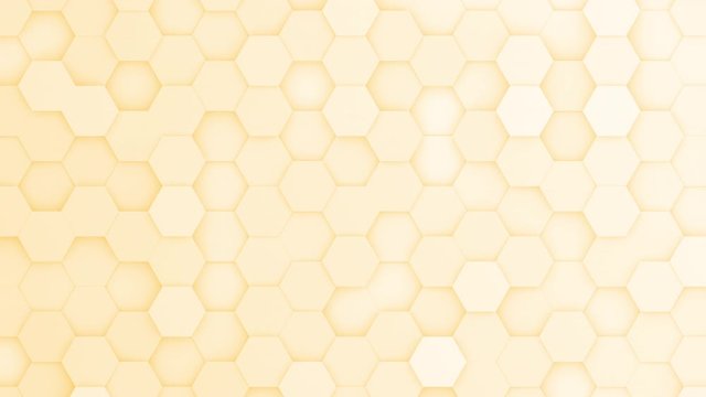 Yellow hexagons moving up and down in a random pattern. 3D animated motion background loop. Top down isometric view.