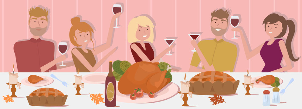 Happy Thanksgiving dinner with friends and famity.  Men and women are sitting at the festive table with a turkey and pumpkin pie, having fun, raising their glasses. Editable vector illustration