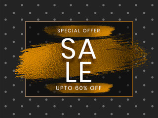 Sale poster or banner design with Special Offer Upto 60% Discount Off on golden brush stroke dotted pattern background.