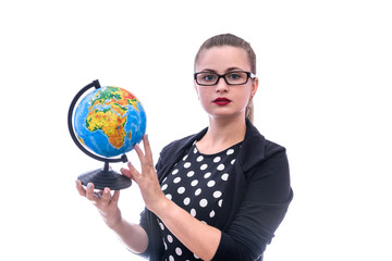 Woman in suit holding globe isolated on white