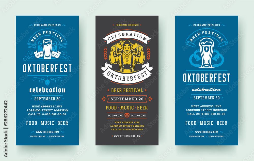 Wall mural Oktoberfest flyers or banners set vintage typographic design templates vector illustration.