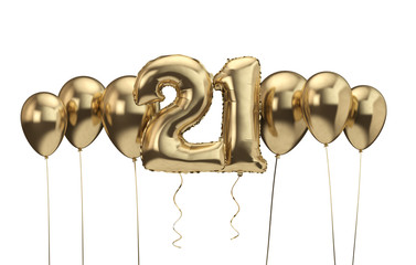 21st birthday gold balloon background. Happy Birthday. 3D Rendering