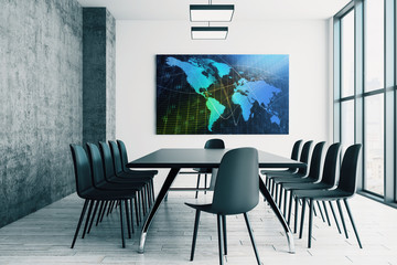 Conference room interior with world map on screen monitor on the wall. International market concept. 3d rendering.