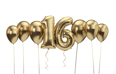 16th birthday gold balloon background. Happy Birthday. 3D Rendering