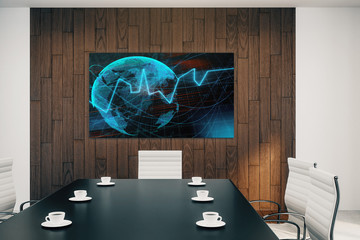 Conference room interior with financial chart and world map on screen monitor on the wall. Stock market analysis concept. 3d rendering.