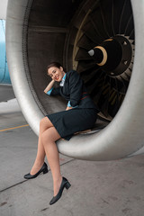 Obraz na płótnie Canvas Attractive Caucasian young woman sitting near engine of airplane
