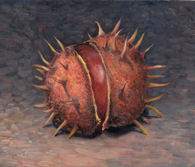Cracked chestnut oil painting on canvas close up view with pricks