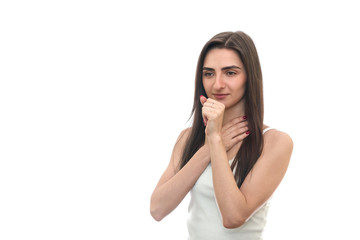 Woman holding her throat isolated on white