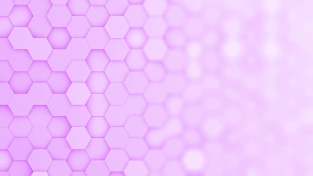 Purple hexagons moving up and down in a random pattern. 3D animated motion background loop. Top down isometric view with gradual blur effect for copyspace.
