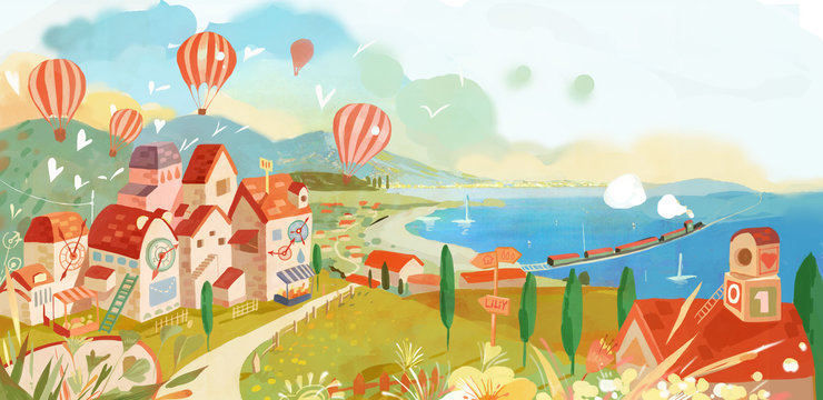 Sweet, small towns, hydrogen balloons, shorelines, houses, gardens, parks, cities, towns, illustrations, fairy tales, fantasies, dreams, fantasies,