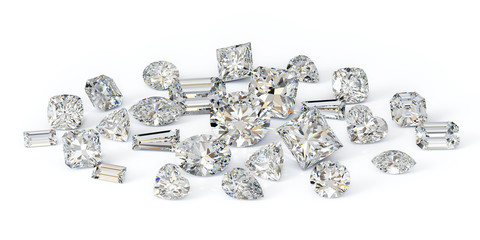 Variously cut loose diamonds on white background