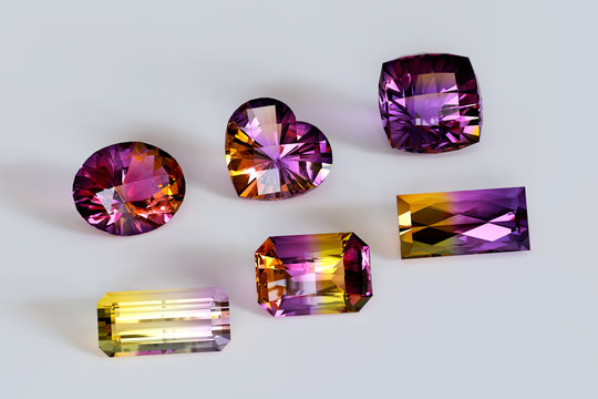 Variously cut ametrines on white background