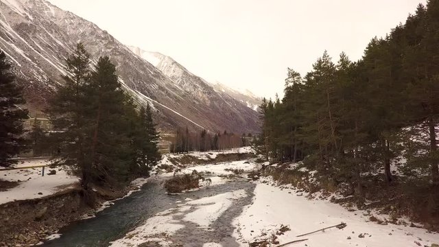 Mountain river in the village of Elbrus aerial video shooting