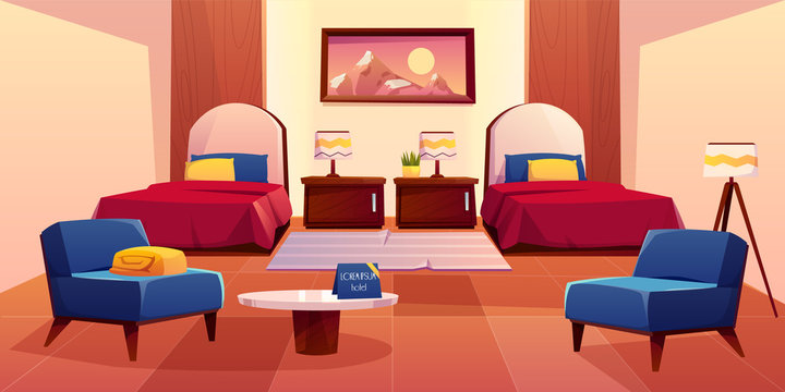 Hotel bedroom, motel suit with furniture and equipment. Empty apartment interior design with two single beds, nightstands with lamps, armchair, table, painting and plants. Cartoon vector illustration