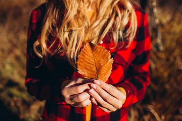 blonde woman holds a yellow leaf in the hands of the forest. Autumn forest. sunny autumn weather. Girl in a red jacket in the autumn forest.