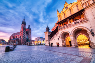 St. Mary's Basilica on the Krakow Main Square at Dusk, Krakow, Poland