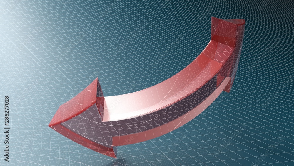 Poster red arrow against a black vertical surface with gray grid - 3d rendering illustration