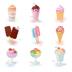 Culinary art. Big set with fruit, berry and vanilla desserts: stick ice-cream bar, wafer cones, gelato cornets, ice-block, whipped cream, sundae, parfait, frozen yogurt, sorbet. Vector icons.