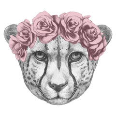 Portrait of Cheetah with floral head wreath. Hand-drawn illustration. Vector