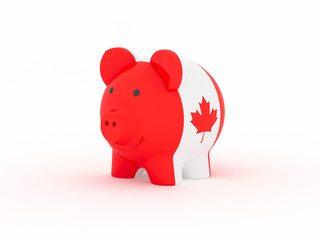 Finance, saving money, piggy bank on white background. Canada flag. 3d illustration.