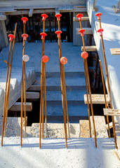 Protection caps for reinforcing bars. On building site