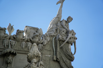 Kyiv, Ukraine - July 6, 2018: House with chimeras against blue sky. Art Nouveau building with sculptures of mythical animals. The most original creation of architect Vladislav Gorodetsky in Kiev.
