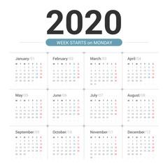 Calendar 2020 simple style on white background. Week starts on Monday.