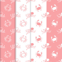 Set of 4 seamless pattern. Octopuses and crabs.