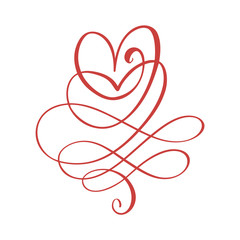 Vintage swirl calligraphic flourish with heart, vector divider ornament design. Illustration for book, greeting card, wedding invitation, Valentines Day