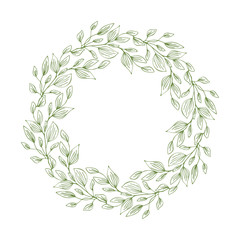 Frame of wreath with leaves and branches. Decor design with copyspace isolated on white. Sketched floral and herbs garland. Handdrawn vector style, nature illustration